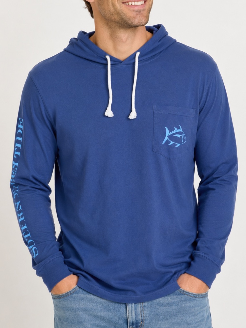 Southern Tide Men’s Size M Blue Long Sleeve Graphic Hoodie Shirt Skipjack Pocket